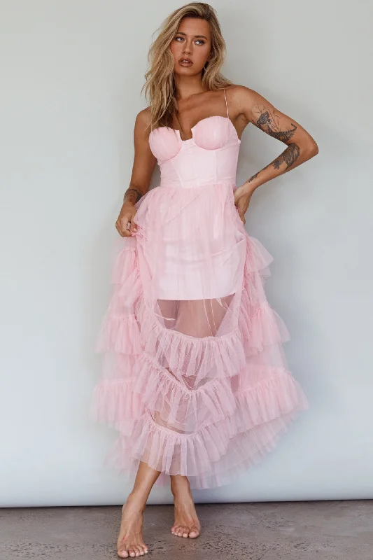 Moonlight Sonata Ruffle Mesh Maxi Dress Cameo Pink