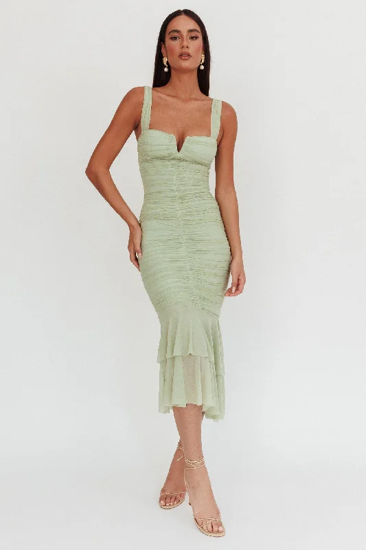 Nadia Ruched Fishtail Maxi Dress Pistachio