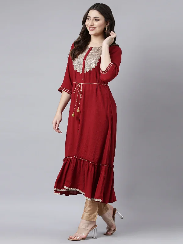 Neerus Maroon Straight Casual Solid Maxi Dresses