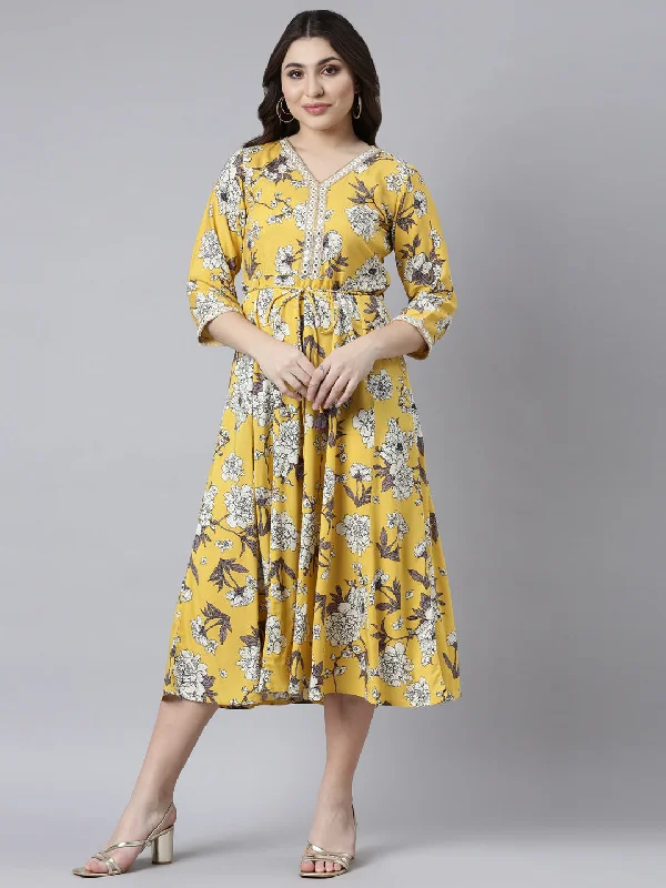 Neerus Mustard Straight Casual Floral Maxi Dresses