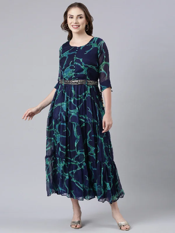 Neerus Navy Blue Flared Casual Tie And Dye Maxi Dresses