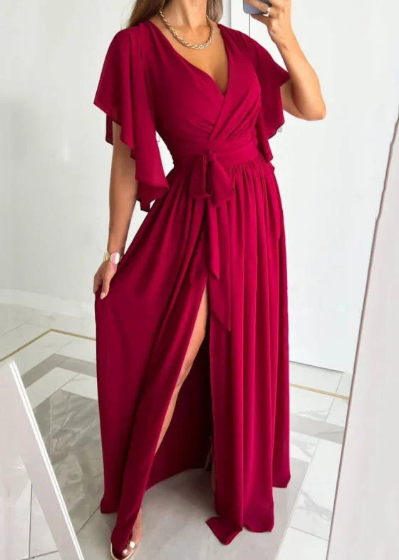 New Red V Neck Tie Waist Side Open Cotton Maxi Dress Summer BB035