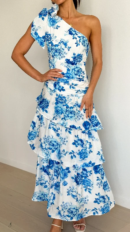 Odilie One Shoulder Maxi Dress - Blue Floral Stylish Longline Maxi Dress