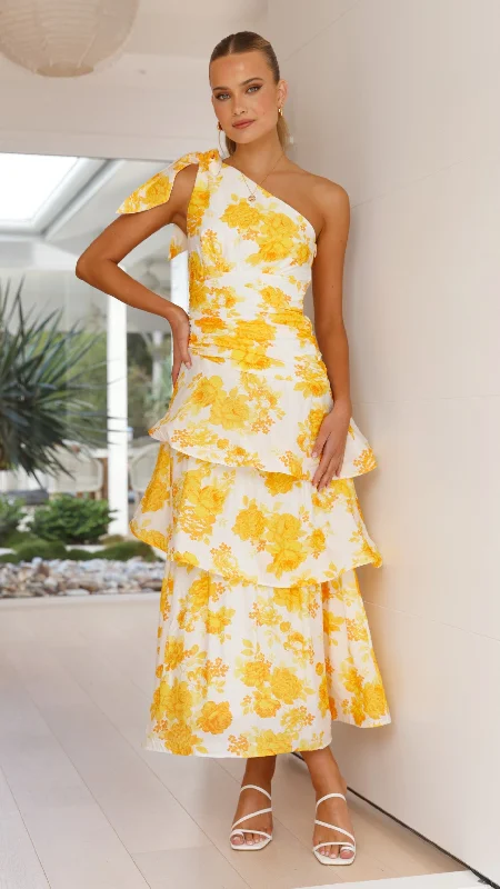 Odilie One Shoulder Maxi Dress - Yellow Floral Comfortable T-Shirt Maxi Dress