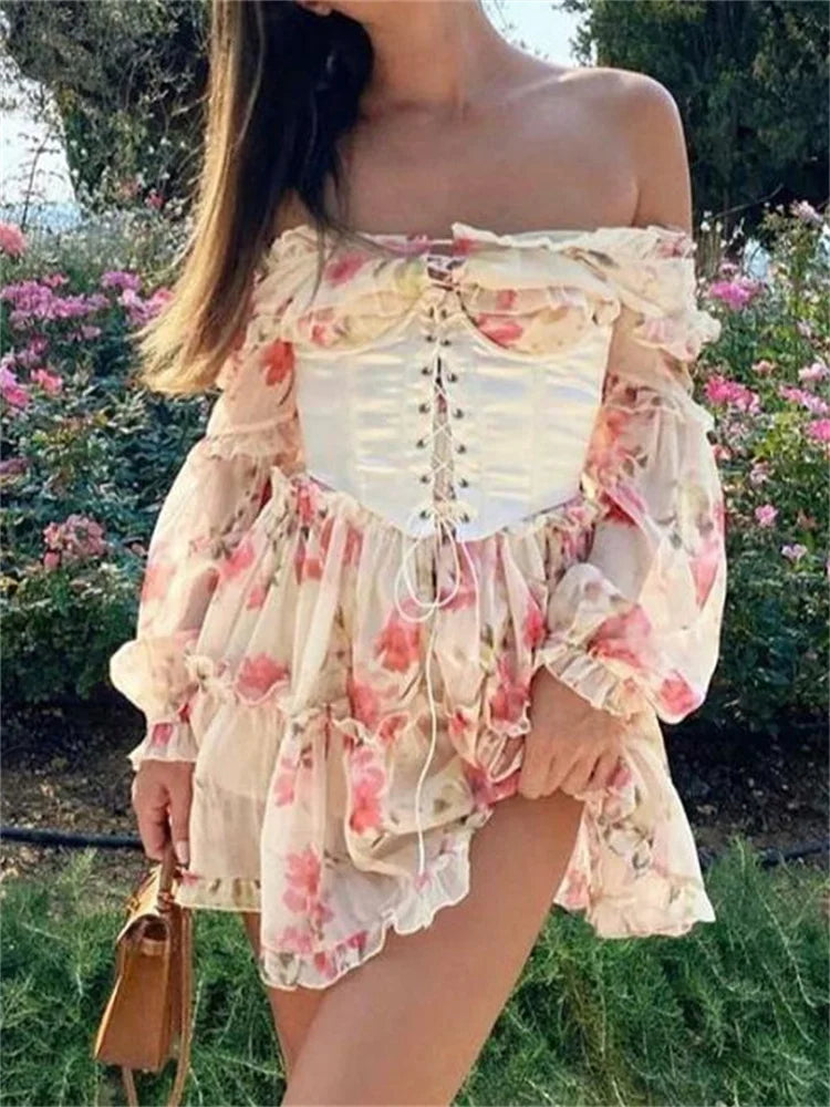 Off-Shoulder 3D Flowers Long Sleeve Mini Dresses