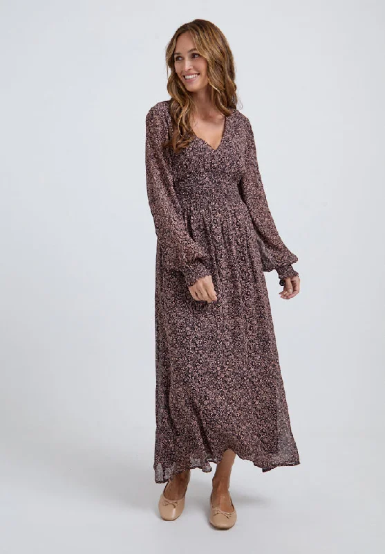 Pearl Ruched Waist Harvest Print Midi Dress In Brown