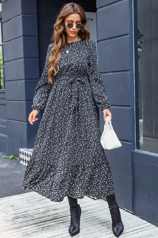 Printed Round Neck Long Sleeve Midi Dress