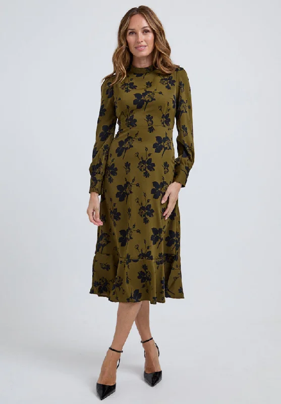 Scarlett High Neck Floral Print Midi Dress in Khaki