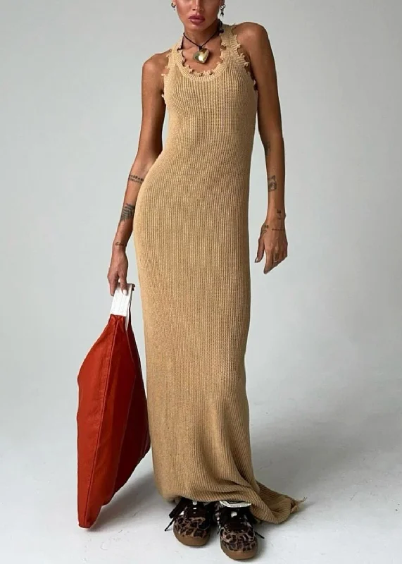 Slim Fit Khaki O Neck Solid Knit Maxi Dresses Sleeveless BB058