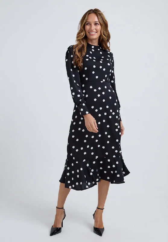 Sophie Tiered Hem Polka Dot Print Midi Dress In Black