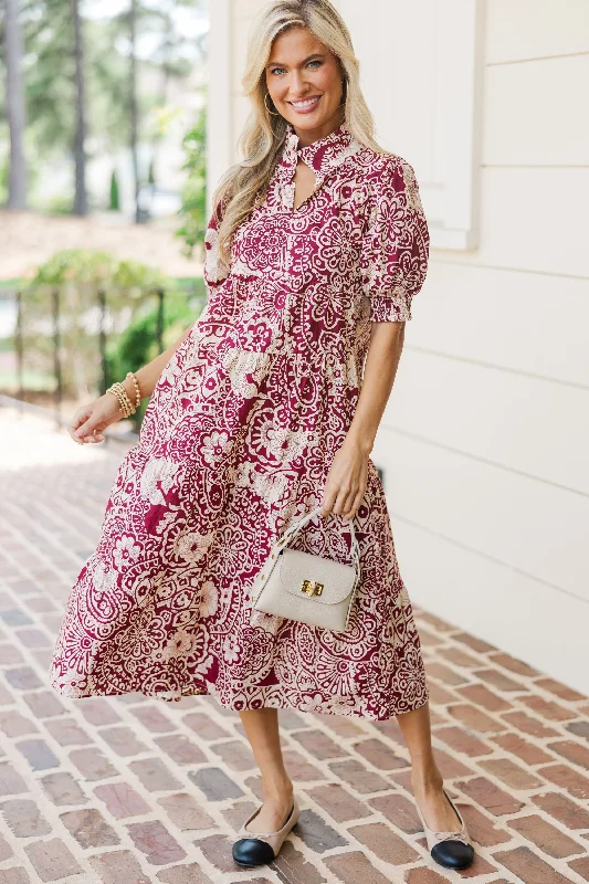 Take You There Sangria Red Abstract Midi Dress