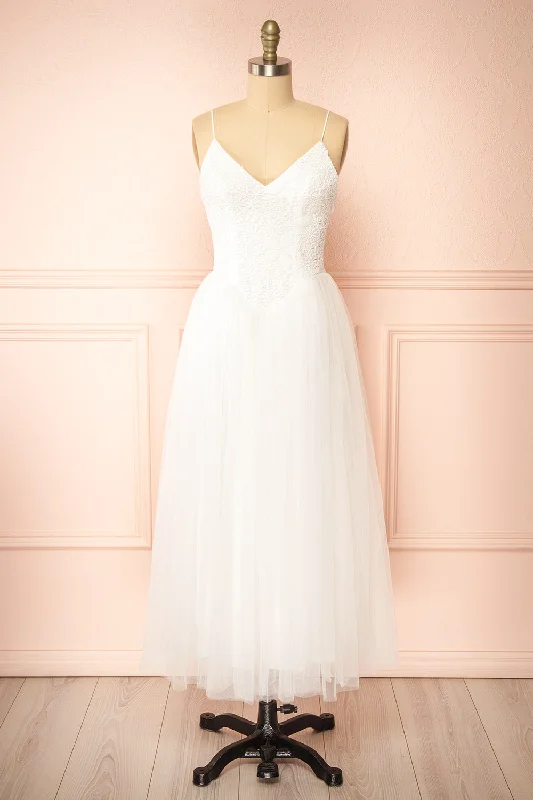 Tallina | White Tulle Midi Dress w/ Floral Embroidery