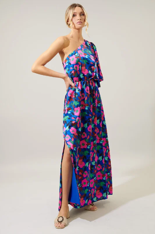 Vivi Berry Floral Meara One Shoulder Satin Maxi Dress