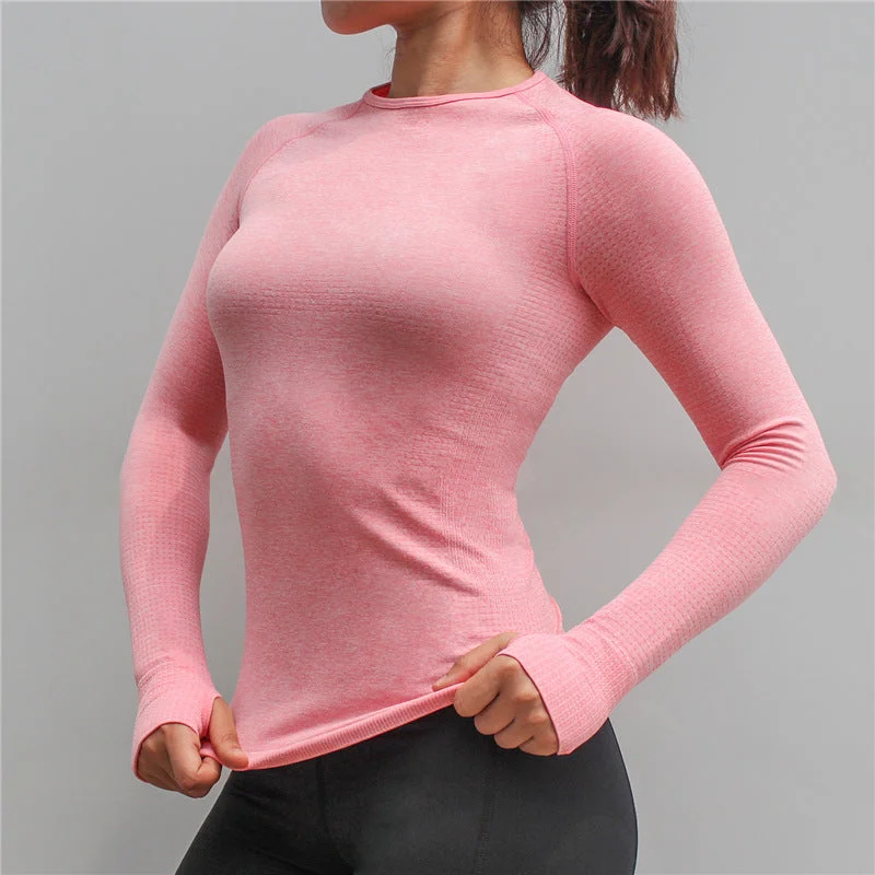 New Women Gym Yoga Shirts Tees Thumb Hole Seamless Long Sleeve Slim Workout Tops Fitness Running Sport T-Shirts Sportswear