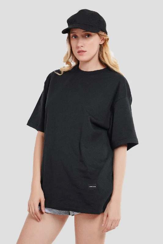 Solid Black Half Sleeves T-Shirt For Women Oversized Fit