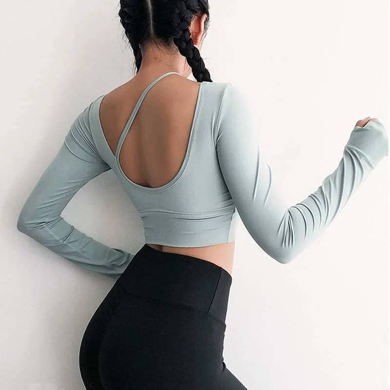 Women long sleeve Midriff  Sexy Sports T-shirt running clothing fitness shirt  training yoga Top  pad  gym top workout