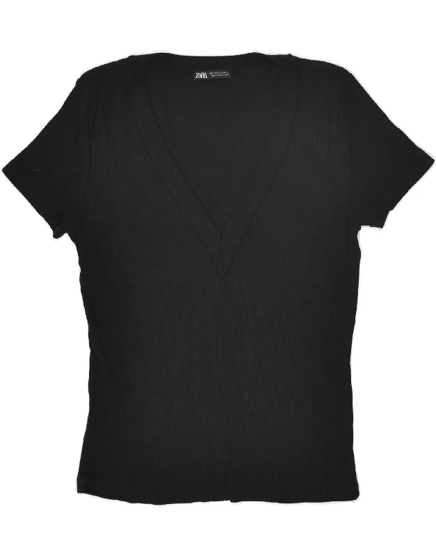 ZARA Womens T-Shirt Top UK 14 Medium Black Cotton