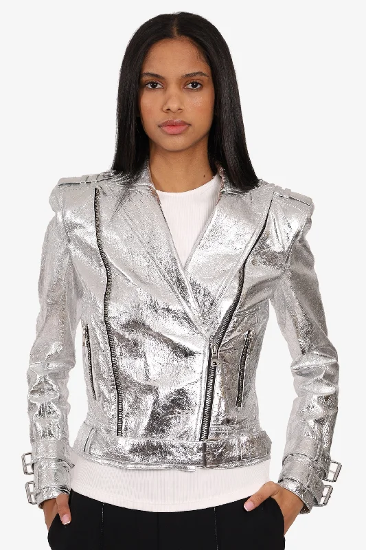 Balmain Silver Metallic Leather Biker Jacket Size 38 Anorak Shell Jacket Lightweight Jacket Balmain Silver Metallic Leather Biker Jacket Size 38 Anorak Shell Jacket Lightweight Jacket