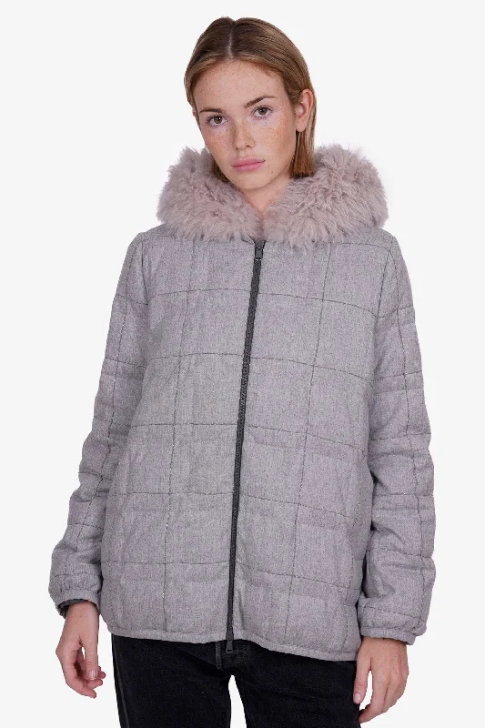 Brunello Cucinelli Grey Cashmere Down Jacket with Shearling Hood Size 42 Knit Jacket Woven Jacket Fleece Jacket Brunello Cucinelli Grey Cashmere Down Jacket with Shearling Hood Size 42 Knit Jacket Woven Jacket Fleece Jacket