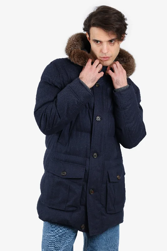 Brunello Cucinelli Navy Puff Jacket with Fur Line Hood Size XL Stand-Up Collar Roll-Neck Collar Turtle Neck Brunello Cucinelli Navy Puff Jacket with Fur Line Hood Size XL Stand-Up Collar Roll-Neck Collar Turtle Neck