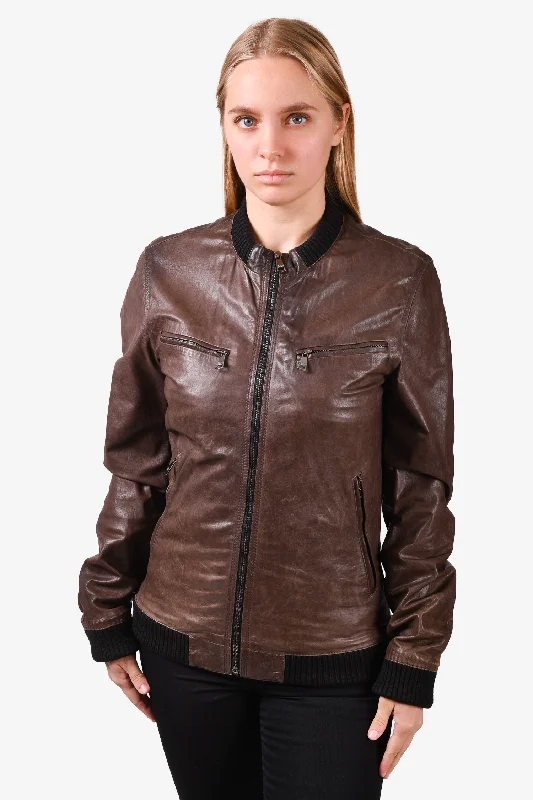 Dolce & Gabbana Brown Leather Jacket with Zip Size 46 Mens Front Pockets Side Pockets Patch Pockets Dolce & Gabbana Brown Leather Jacket with Zip Size 46 Mens Front Pockets Side Pockets Patch Pockets
