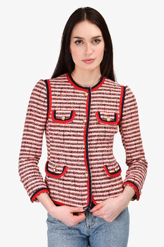 Gucci Red Striped Tweed Pearl Button Jacket Size 38 Welt Pockets Slit Pockets Flap Pockets Gucci Red Striped Tweed Pearl Button Jacket Size 38 Welt Pockets Slit Pockets Flap Pockets