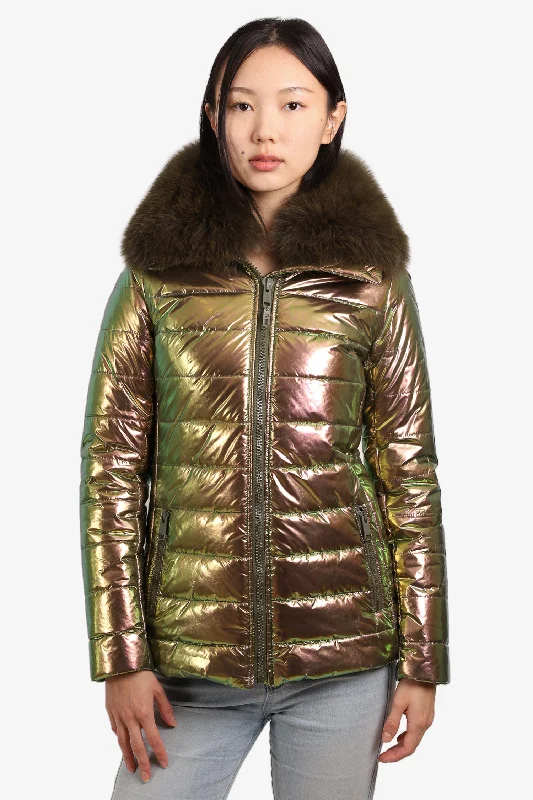 Yves Salomon Iridescent Puffer Jacket with Faux Fur Trim Small Elasticated Jacket Padded Jacket Insulated Jacket Yves Salomon Iridescent Puffer Jacket with Faux Fur Trim Small Elasticated Jacket Padded Jacket Insulated Jacket