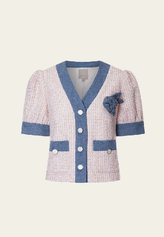 Denim-Detailing Puff Sleeve Tweed Jacket