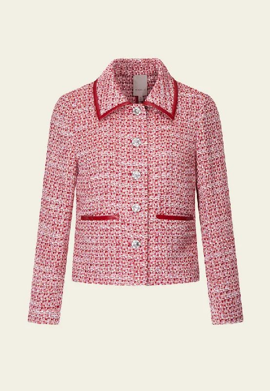 Red Leather-trimmed Collar Tweed Jacket