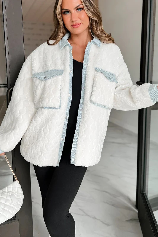 Best Of Both Worlds Fleece Jacket With Denim Contrast (Ivory/Denim) Boat Neck Shawl Collar Notched Collar Best Of Both Worlds Fleece Jacket With Denim Contrast (Ivory/Denim) Boat Neck Shawl Collar Notched Collar