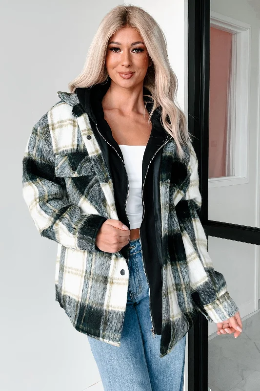 Casual Meet-Ups Oversized Plaid Hooded Jacket (Black/Green) Welt Pockets Slit Pockets Flap Pockets Casual Meet-Ups Oversized Plaid Hooded Jacket (Black/Green) Welt Pockets Slit Pockets Flap Pockets