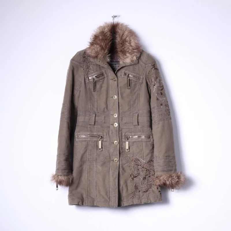 River Island Womens 34 8 S Jacket Brown Cotton Long Emroidered Fur Collar Coat