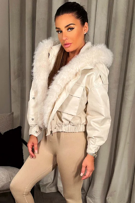 Faux Leather Bomber Jacket With Faux Fur Hood Beige