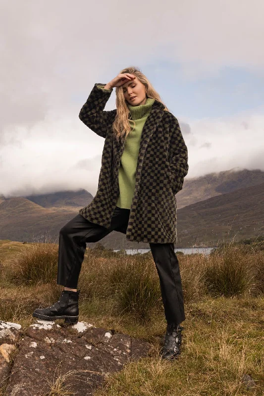 Green Checkered Print Faux Fur Jacket Print Jacket Jacquard Jacket Patchwork Jacket