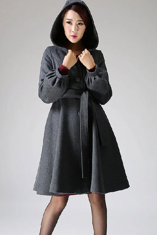 Hooded Swing wool jacket coat with Lantern Sleeves 1073#