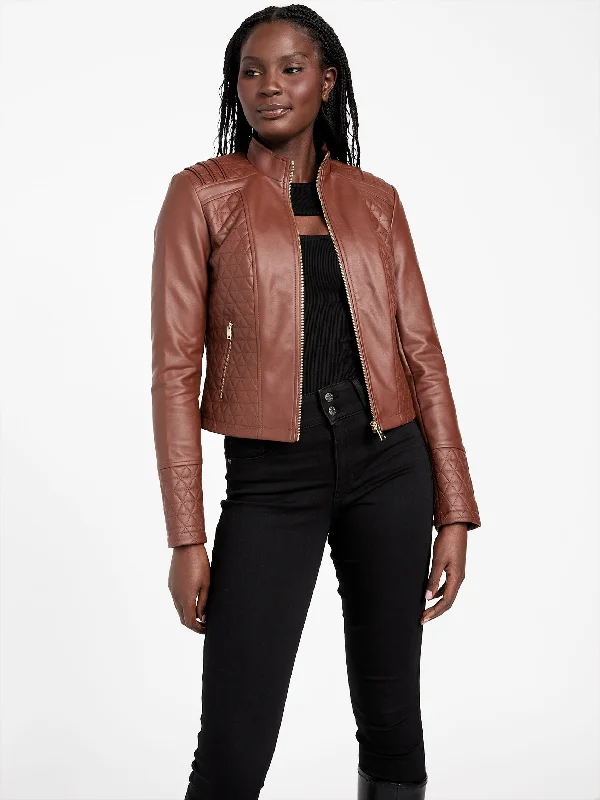 Iden Quilted Faux-Leather Jacket Stand-Up Collar Roll-Neck Collar Turtle Neck