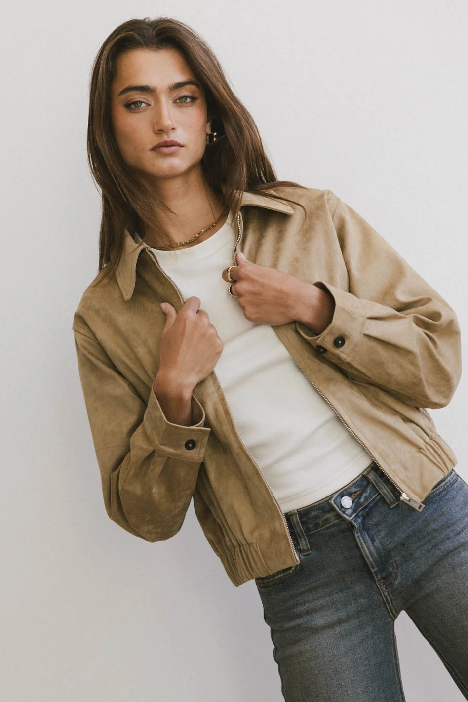 Myli Faux Suede Jacket A-Line Jacket Boat Neck Shawl Collar