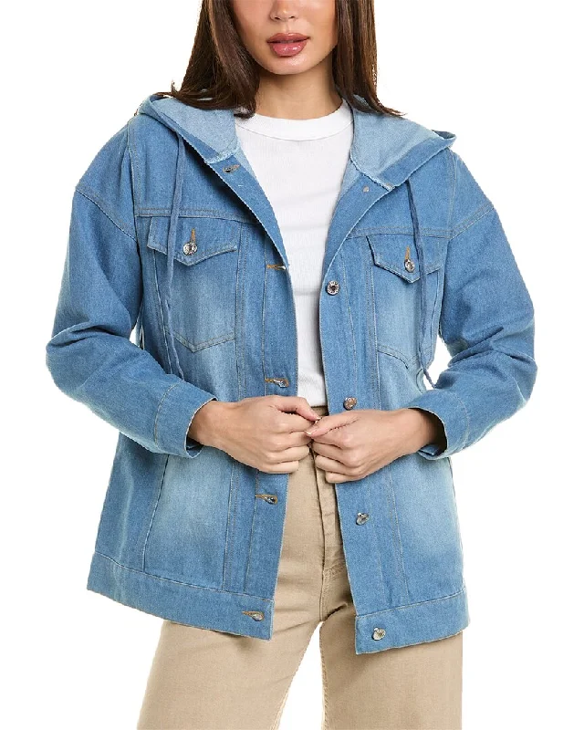 Pascale La Mode Hooded Denim Jacket Front Pockets Side Pockets Patch Pockets