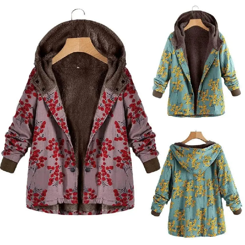 Retro flower print plus size hooded jacket top Wool Fabric Cashmere Fabric Tweed Fabric Retro flower print plus size hooded jacket top Wool Fabric Cashmere Fabric Tweed Fabric