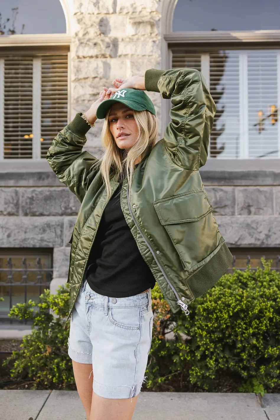 Rylee Satin Bomber Jacket in Green Print Jacket Jacquard Jacket Patchwork Jacket