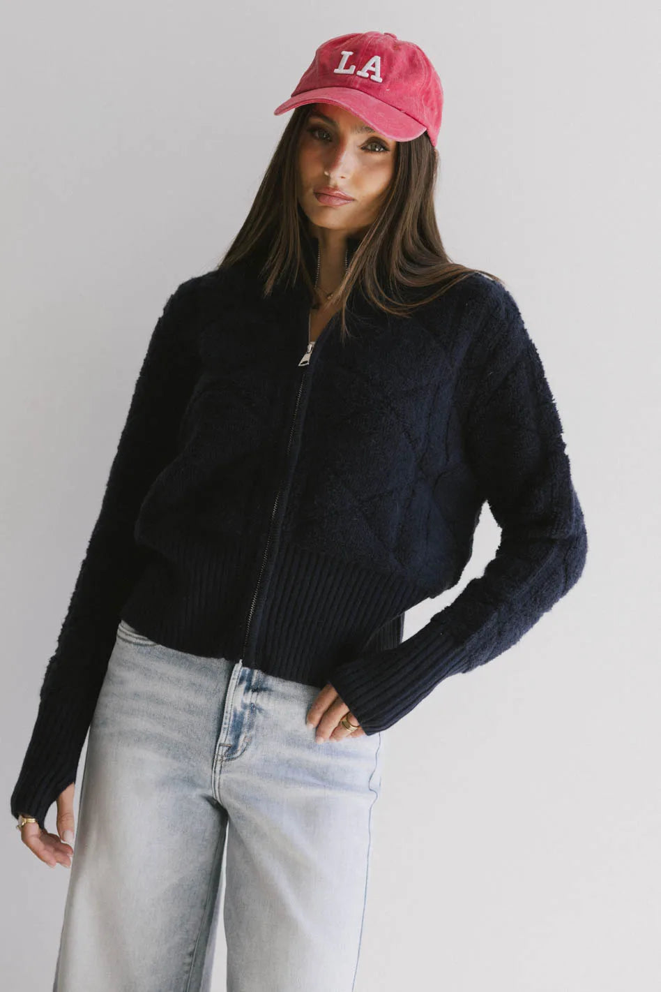 Sheena Quilted Jacket in Navy Denim Fabric Leather Fabric Suede Fabric