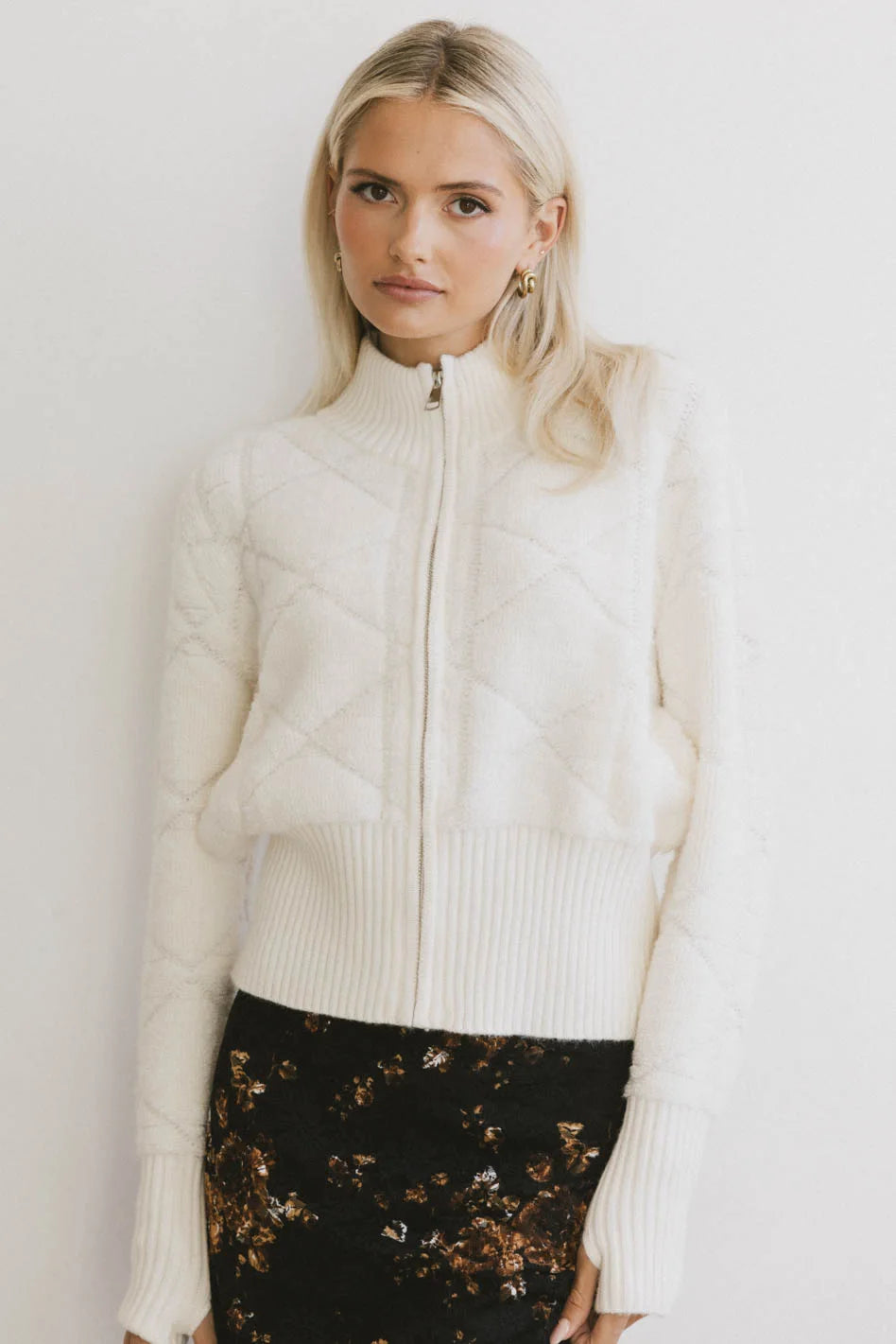 Sheena Quilted Jacket in Ivory Wool Fabric Cashmere Fabric Tweed Fabric