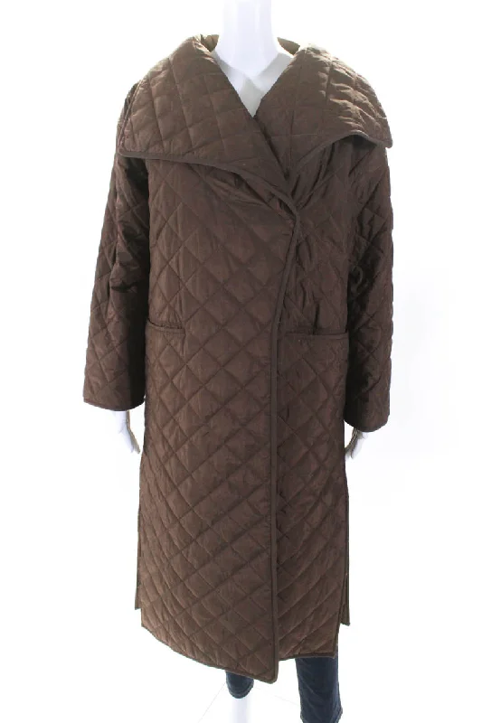 Toteme Women's Collared Long Sleeves Double Breast Quilted Jacket Brown One-Shoulder Jacket Off-the-Shoulder Jacket Asymmetrical Jacket