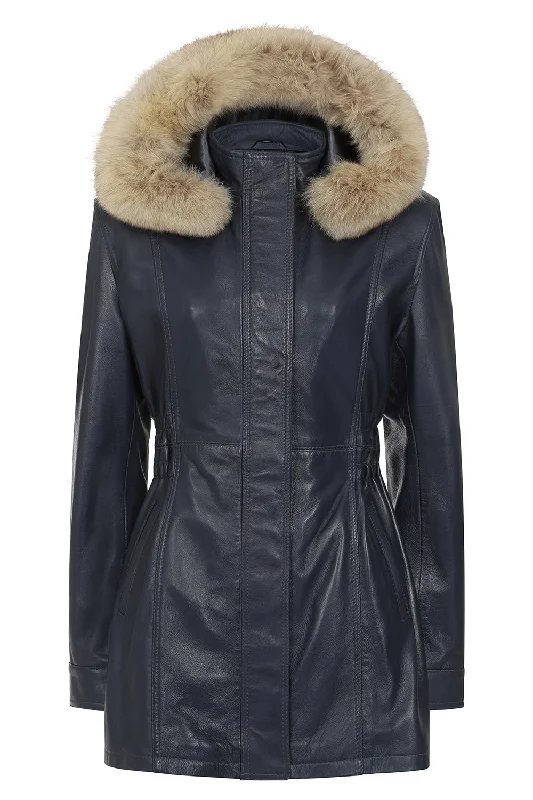 Women's Detachable Fur Trimmed Hood Navy 'Sky' Blue Leather Jacket Coat - 'BARBARA' Lace Jacket Ribbed Jacket Sequined Jacket