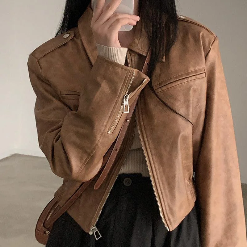 Women's Retro Hong Kong Style Lapel Long-sleeved Leather Jacket Front Pockets Side Pockets Patch Pockets Women's Retro Hong Kong Style Lapel Long-sleeved Leather Jacket Front Pockets Side Pockets Patch Pockets
