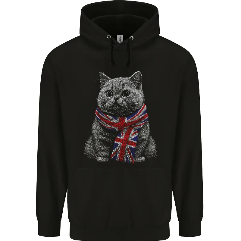 A Cat With a Union Jack Scarf Great Britain Mens 80% Cotton Hoodie