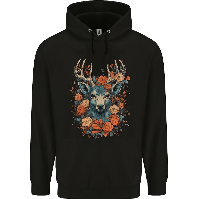 A Fantasy Deer With Flowers Mens 80% Cotton Hoodie