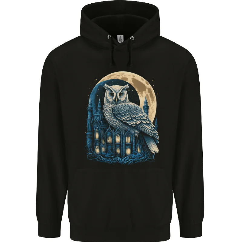 A Fantasy Owl Sitting on a House With Moon Mens 80% Cotton Hoodie