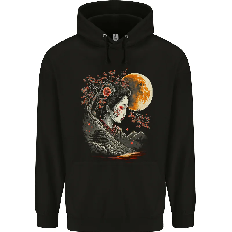 A Geisha Girl Cherry Blossom Moon Fantasy Mens 80% Cotton Hoodie