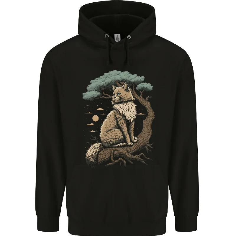 A Moon Cat Sitting on a Tree Fantasy Mens 80% Cotton Hoodie